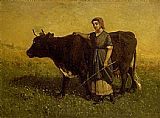 Edward Mitchell Bannister Canvas Paintings - woman walking with cow